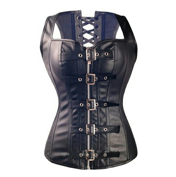 Black Goth Faux leather Ribbed Corset