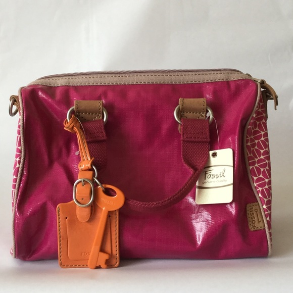 Fossil Key-Per Coated Canvas Magenta Satchel NEW