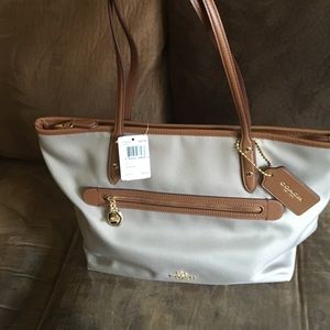 Coach Sawyer canvas and leather tote stone /tan