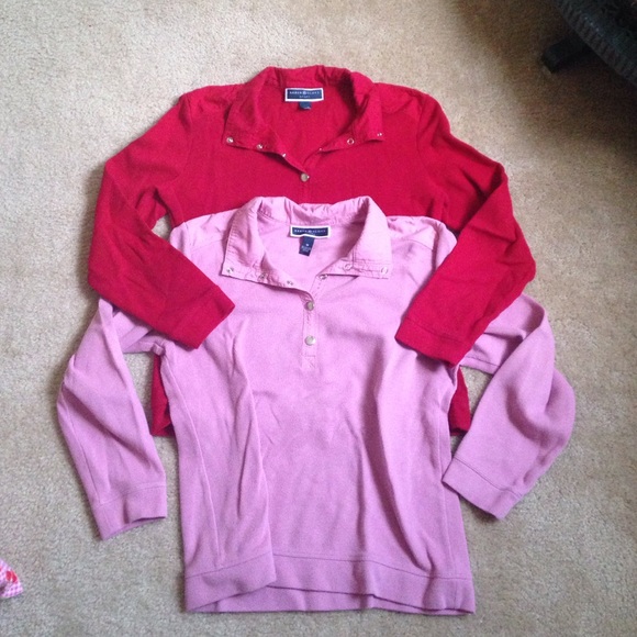 2 shirts together. Long sleeve pink and red.