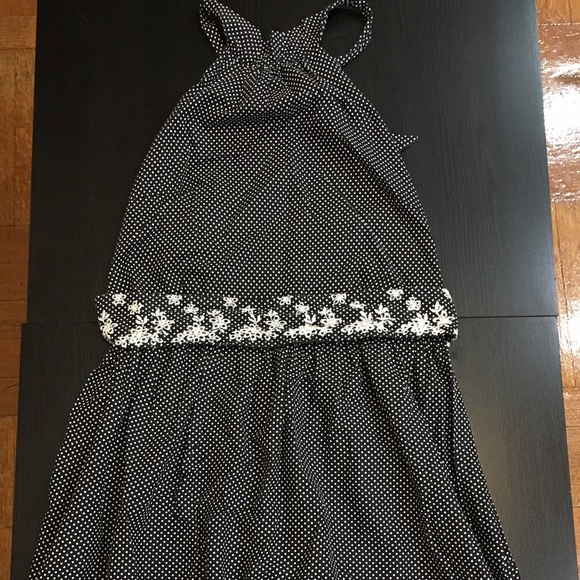 Navy blue polka dot dress w/white detail