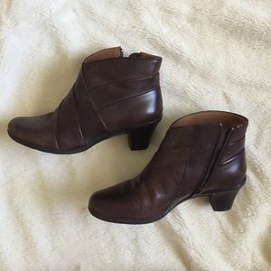 Patterned brown leather ankle boots with heel