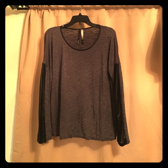 Thin Striped Top with Leather Sleeve Details NWOT