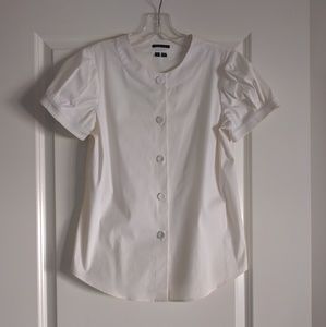 Theory White Roundneck Princess Sleeve Blouse