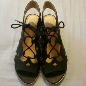 Black faux leather lace up bootie-sandles