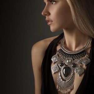 Elegant Silver & Black Statement Necklace Like New