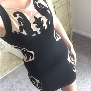 Mustard seed, black dress with nude see through