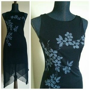 Navy Floral Formal Prom Dress with Sheer Layer