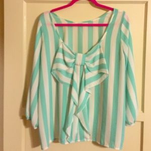 Pretty turquoise and white striped bow shirt