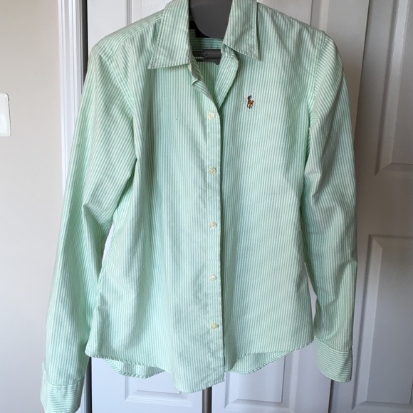 Green and white vertical striped oxford