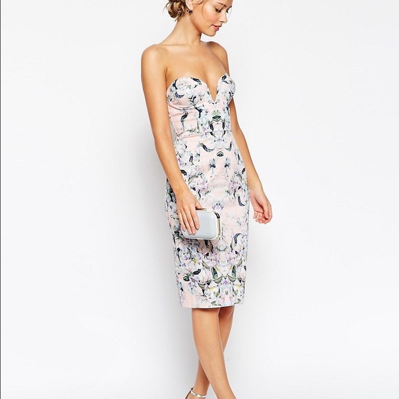 Asos floral curved plunge neck pencil dress - Picture 1 of 4