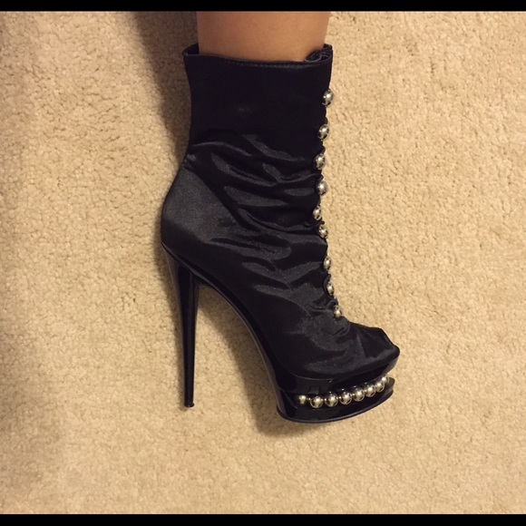 Satin black platform heels with silver ball detail