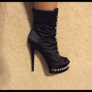 Satin black platform heels with silver ball detail