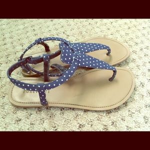 Navy Blue Polka Dot T-Strap Sandals