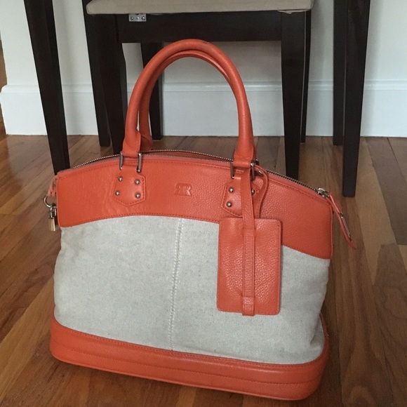 SALE Orange leather and linen satchel bag