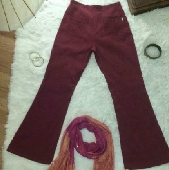 High waisted suade maroon pants crochet pockets - Picture 1 of 4