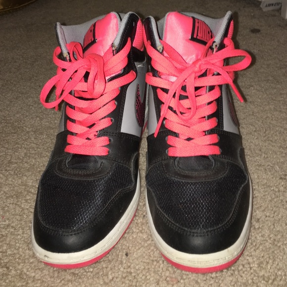 Nike neon pink, black, and gray sneaker wedges