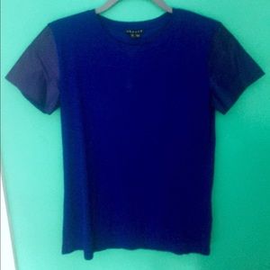 Royal blue t-shirt with vegan leather sleeves