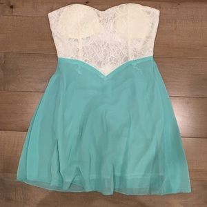 strapless teal dress