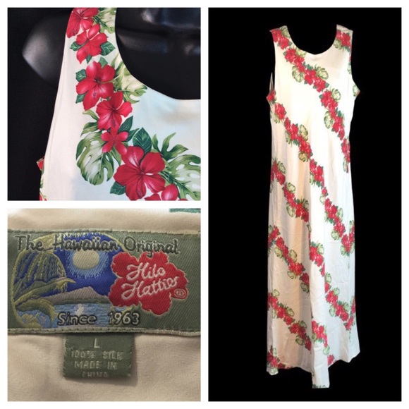 Hilo Hattie Silk Ivory Red Hibiscus Lei Dress