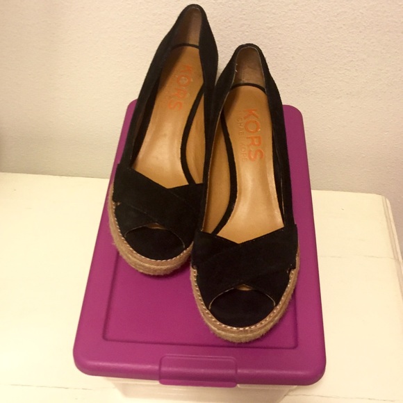 KORS Michael Kors Black Suede Open Toe Wedges