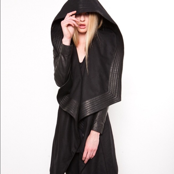Skingraft hooded wool and leather coat