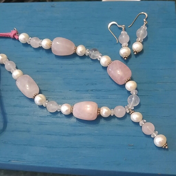Pink Quartz & Pearl necklace and Earring set