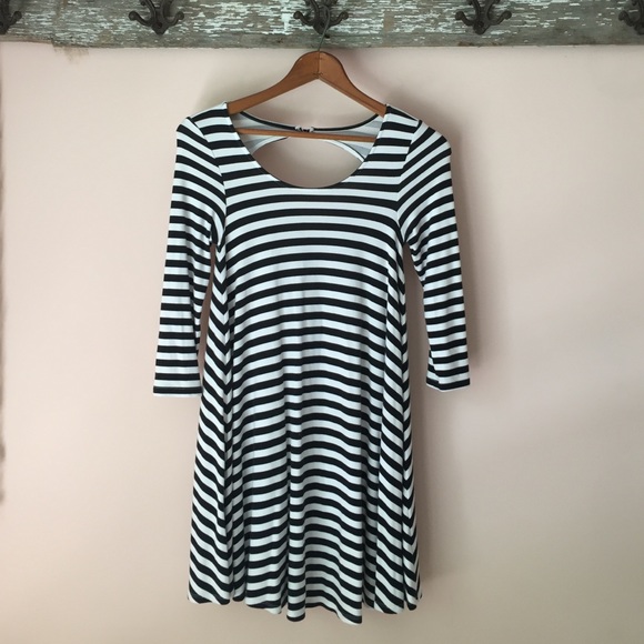 ae black and white stripe open back mini dress