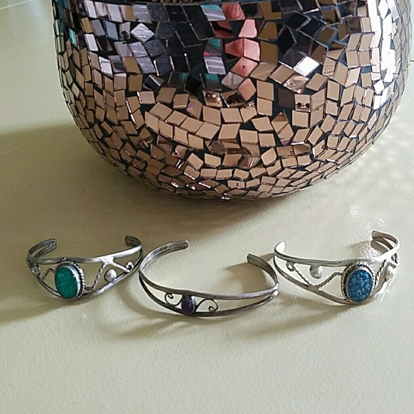 Bundle Silver Tone Cuff Bracelets Purple Blue - image 1