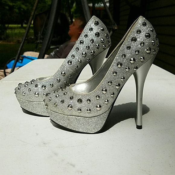 Sparkly studded silver heels