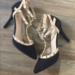 Tan / black studded strappy heels