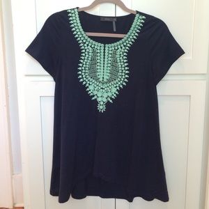 Navy swing top with turquoise embroidery M