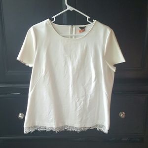 White lace trim top with leather sleeves