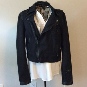 Black cotton/vegan leather cropped moto jacket