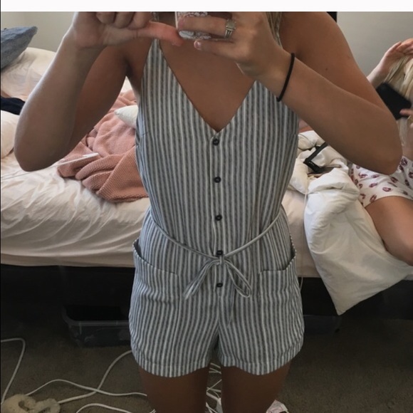 Grey and white striped button down romper
