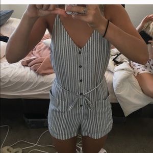 Grey and white striped button down romper