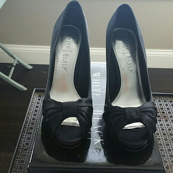 WHBM black peep toe satin shoes w/ box.  Size 8