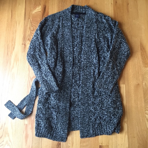 GAP Black/White Marled Long Tie Cardi Sweater Sz L - Picture 2 of 4