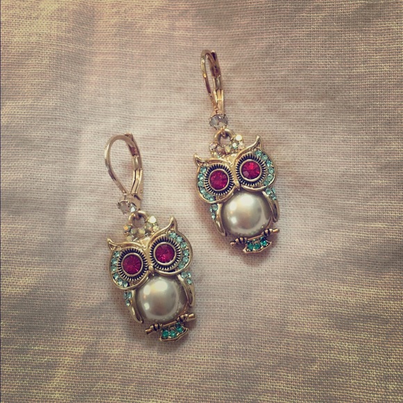 Betsey Johnson Faux Pearl Owl Drop Earrings