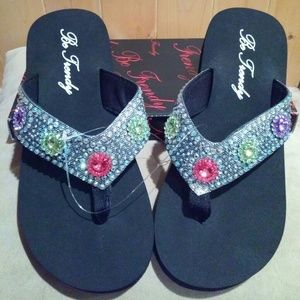 NWOT Multi-colored Bejeweled Flip Flops