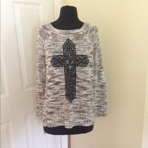 Gray Hi-Lo sweater with black cross size medium
