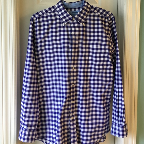 Purple and white gingham shirt.
