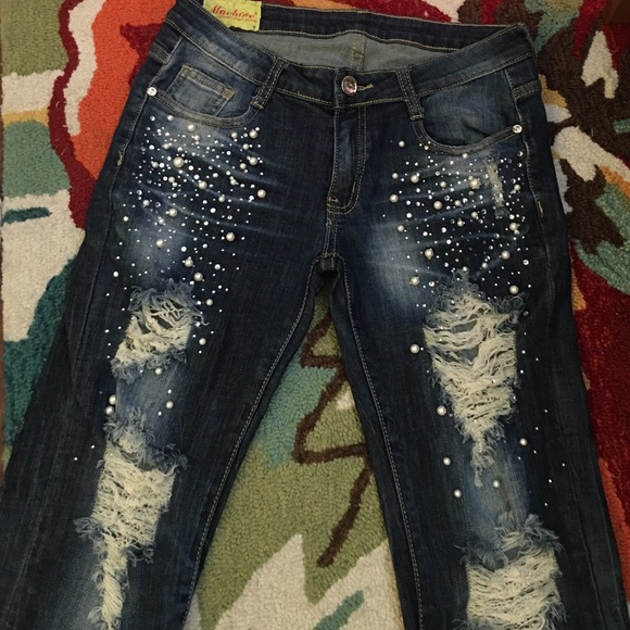 Denim Jeans with rhinestones, studs and pearls. - Picture 3 of 4
