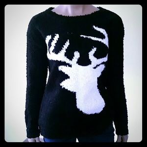 Garage NWT Black Boucle Christmas Sweater Reindeer