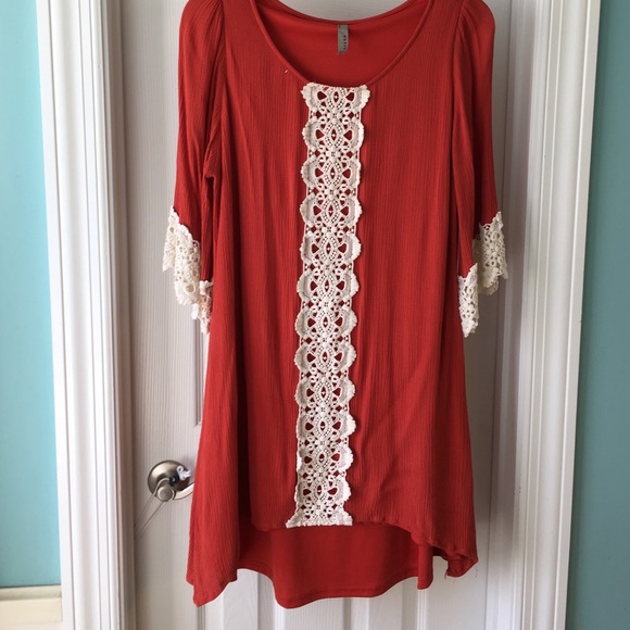 Burnt orange bohemian dress - lace edging