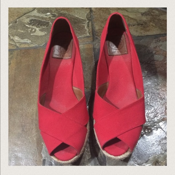 TORY BURCH red espadrille wedges sandals shoes 8 - Picture 3 of 4