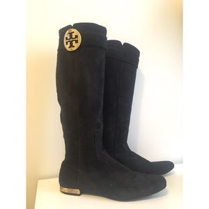 Tory Burch black Uma suede boots with gold heels