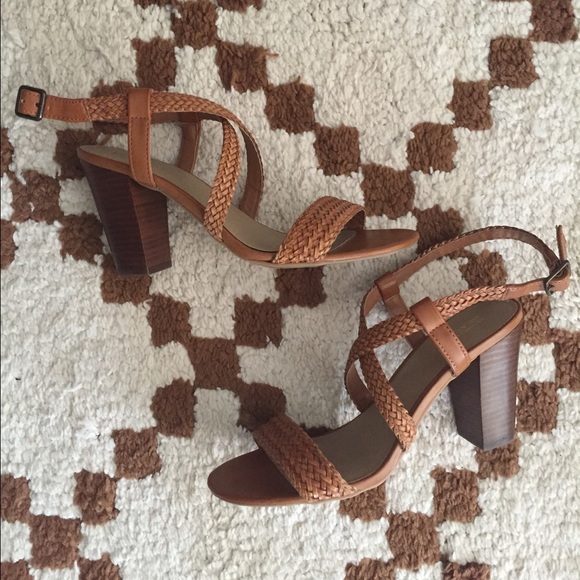 Tan woven strappy heeled sandals
