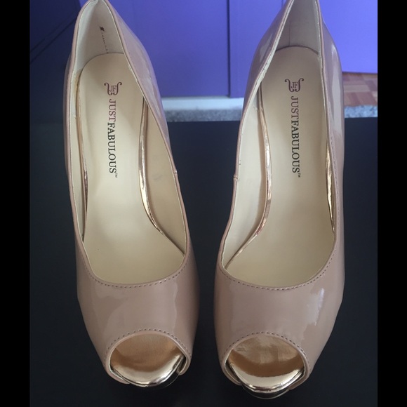 Rose gold and nude peep toe pumps