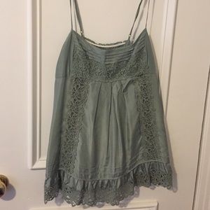 BCBG green silk and lace top